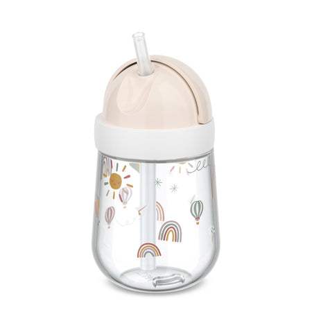 Clear tumbler with pink lid and sun, moon, and rainbow design on a white background